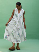 Ita Pleated Floral Stripe Linen Dress - Ivory