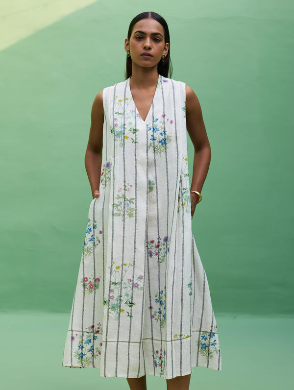 Ita Pleated Floral Stripe Linen Dress - Ivory