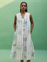 Ita Pleated Floral Stripe Linen Dress - Ivory