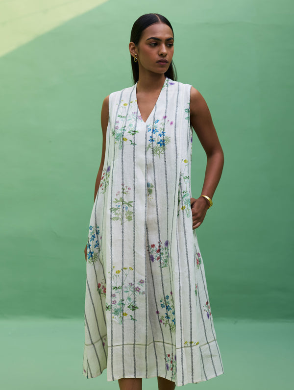 Ita Pleated Floral Stripe Linen Dress - Ivory