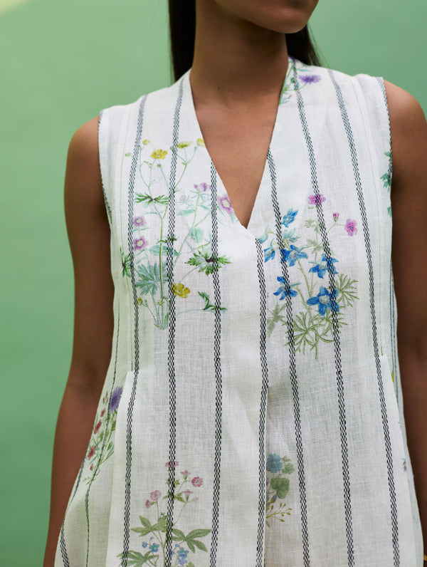Ita Pleated Floral Stripe Linen Dress - Ivory