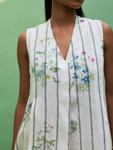 Ita Pleated Floral Stripe Linen Dress - Ivory