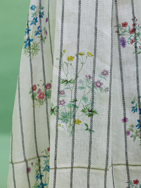 Ita Pleated Floral Stripe Linen Dress - Ivory