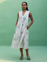 Ita Pleated Floral Stripe Linen Dress - Ivory