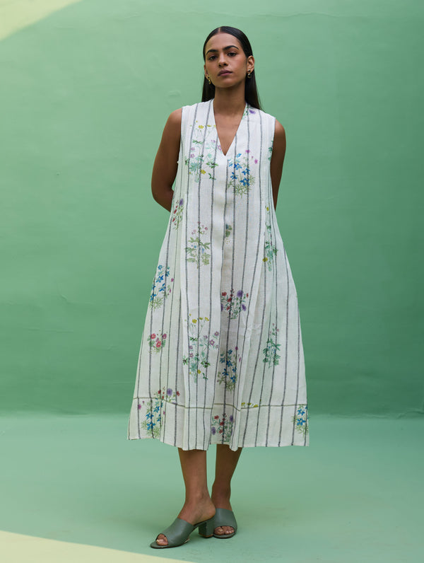 Ita Pleated Floral Stripe Linen Dress - Ivory