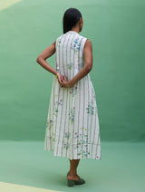 Ita Pleated Floral Stripe Linen Dress - Ivory