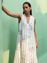 Ita Pleated Floral Stripe Linen Dress - Ivory