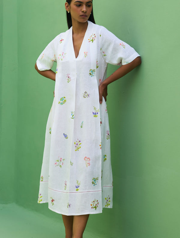 Ita Pleated Floral Linen Dress - Ivory