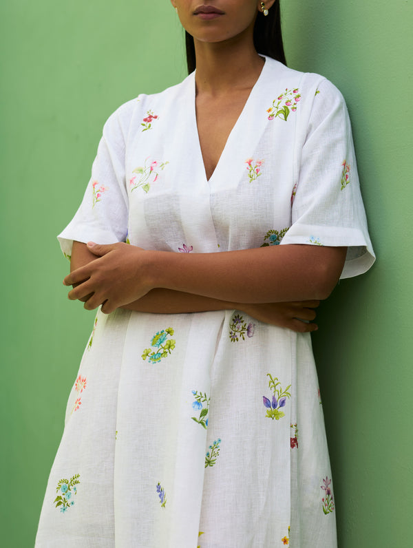 Ita Pleated Floral Linen Dress - Ivory
