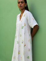 Ita Pleated Floral Linen Dress - Ivory