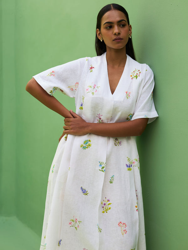 Ita Pleated Floral Linen Dress - Ivory
