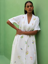 Ita Pleated Floral Linen Dress - Ivory