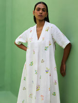 Ita Pleated Floral Linen Dress - Ivory