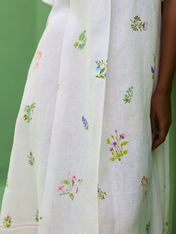 Ita Pleated Floral Linen Dress - Ivory