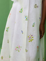 Ita Pleated Floral Linen Dress - Ivory