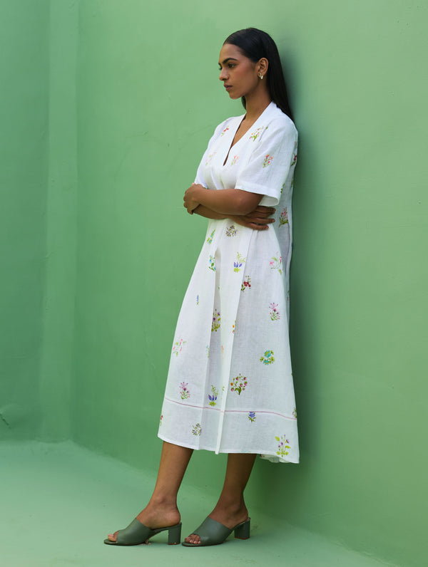 Ita Pleated Floral Linen Dress - Ivory