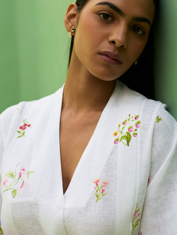 Ita Pleated Floral Linen Dress - Ivory