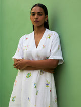 Ita Pleated Floral Linen Dress - Ivory