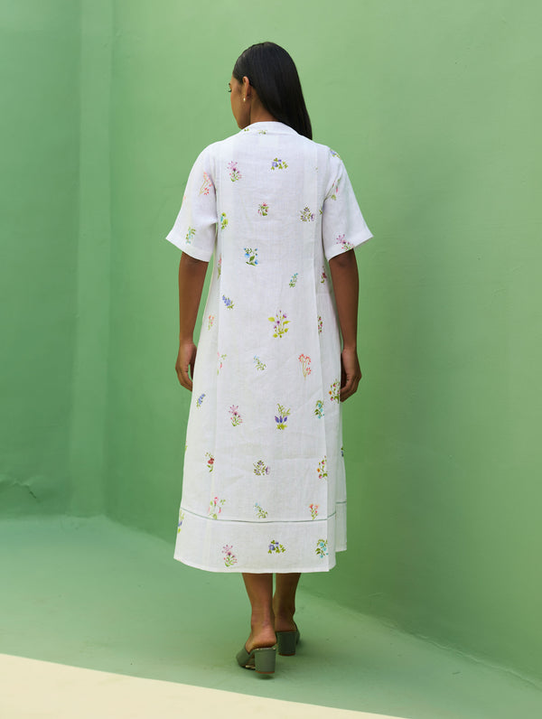 Ita Pleated Floral Linen Dress - Ivory