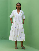 Ita Pleated Floral Linen Dress - Ivory