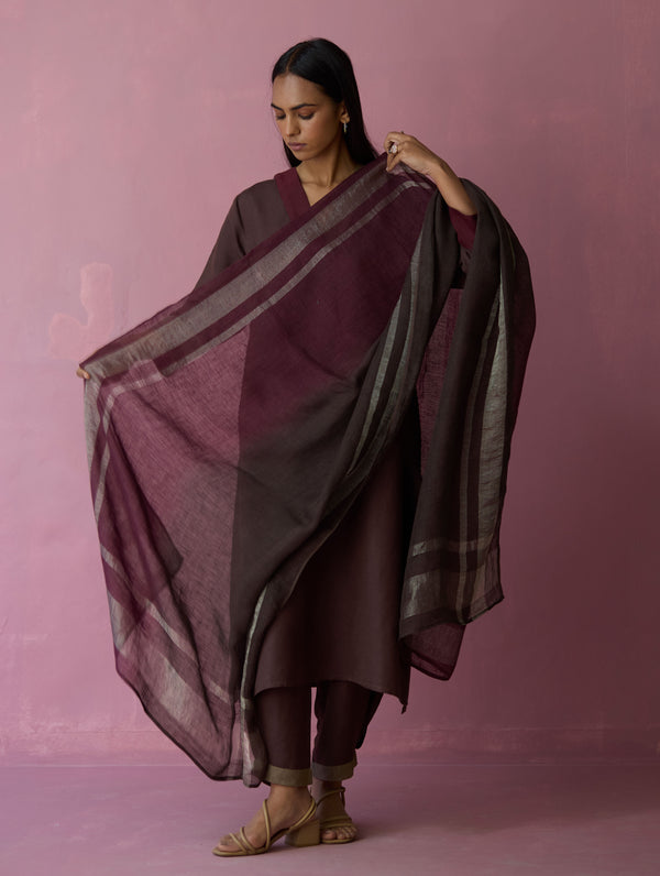 June Border Linen Kurta Set - Earth