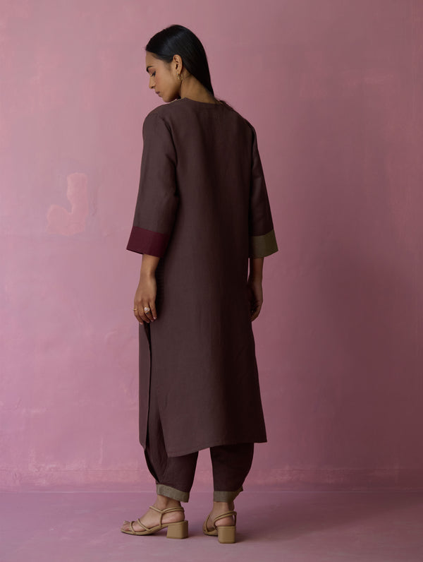 June Border Linen Pleated Kurta - Earth
