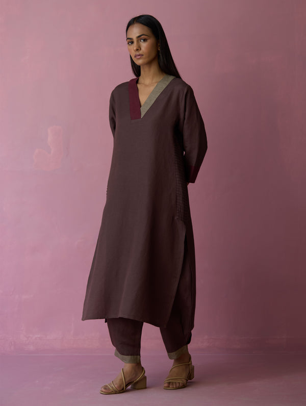 June Border Linen Kurta Set - Earth