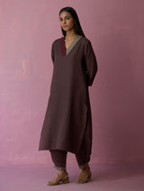 June Border Linen Pleated Kurta - Earth