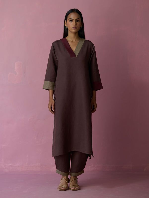June Border Linen Pleated Kurta - Earth
