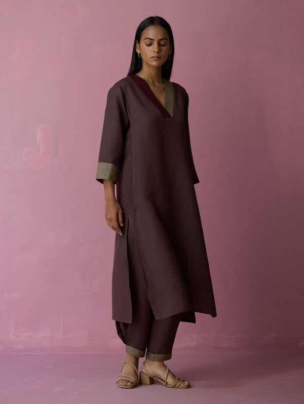 June Border Linen Pleated Kurta - Earth