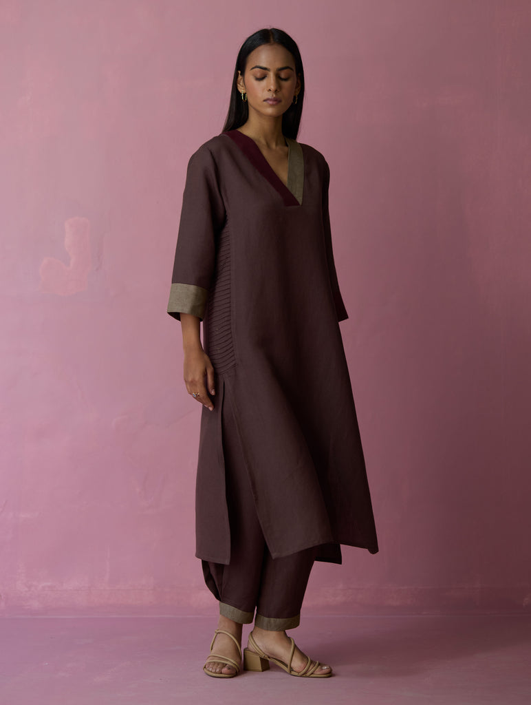 June Border Linen Pleated Kurta - Earth