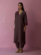 June Border Linen Pleated Kurta - Earth