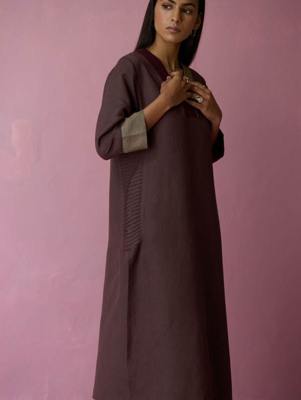 June Border Linen Pleated Kurta - Earth