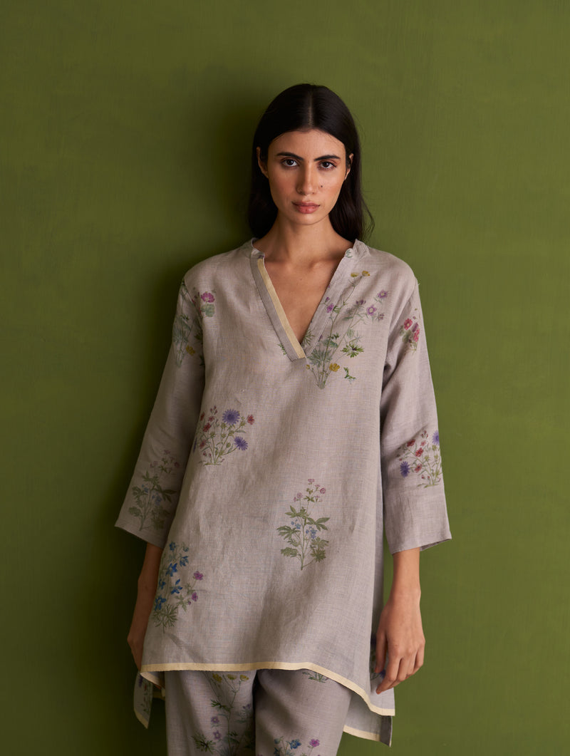 Maho Botanical Linen Kurta - Ash