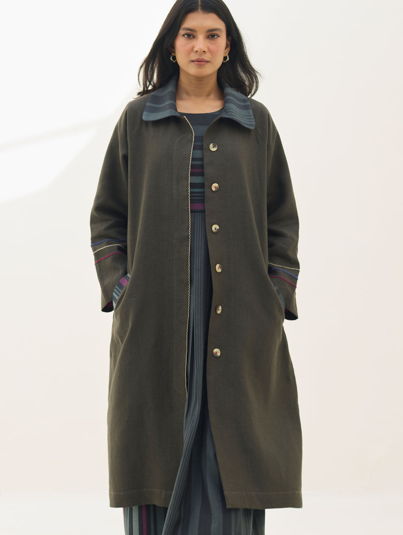 Juniper Linen Coat - Olive Charcoal