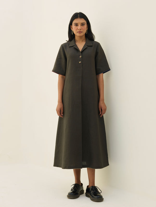 Aster Thick Linen Dress - Olive Charcoal
