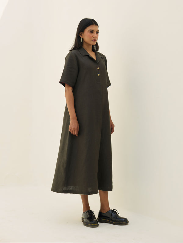 Aster Thick Linen Dress - Olive Charcoal