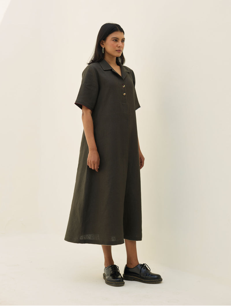 Aster Thick Linen Dress - Olive Charcoal