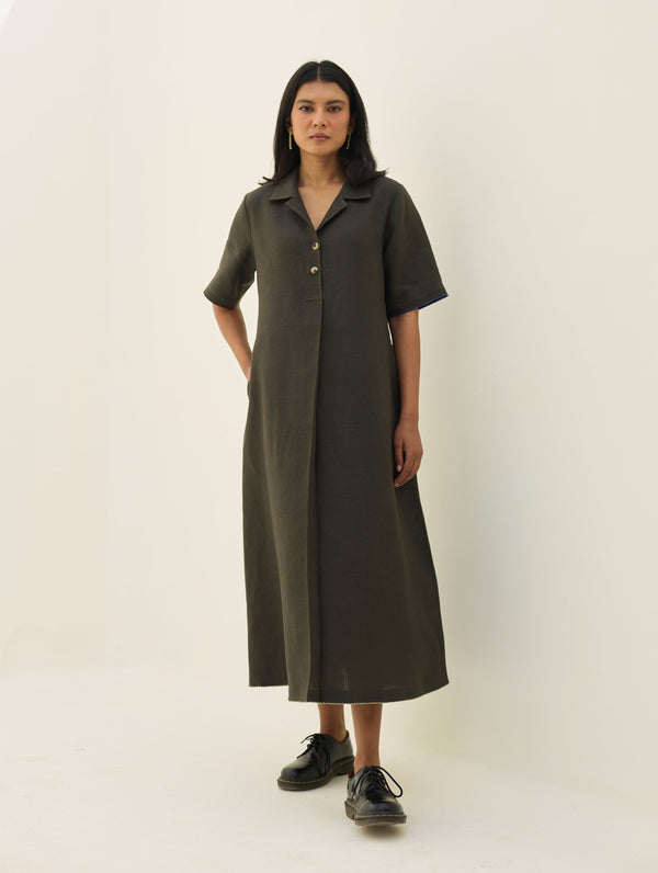Aster Thick Linen Dress - Olive Charcoal