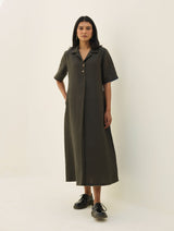 Aster Thick Linen Dress - Olive Charcoal