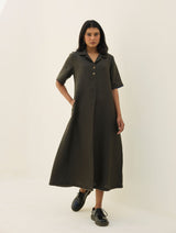 Aster Thick Linen Dress - Olive Charcoal