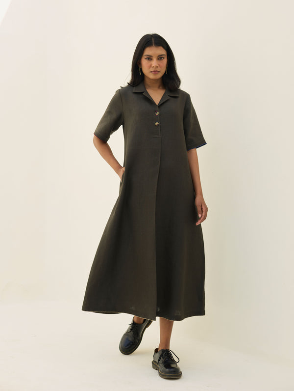 Aster Thick Linen Dress - Olive Charcoal