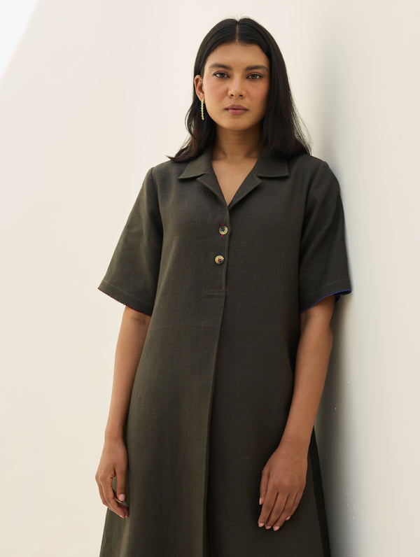 Aster Thick Linen Dress - Olive Charcoal