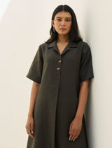 Aster Thick Linen Dress - Olive Charcoal