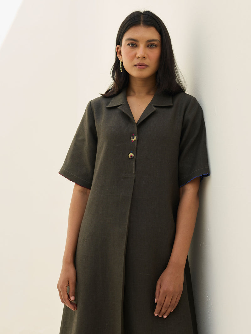 Aster Thick Linen Dress - Olive Charcoal