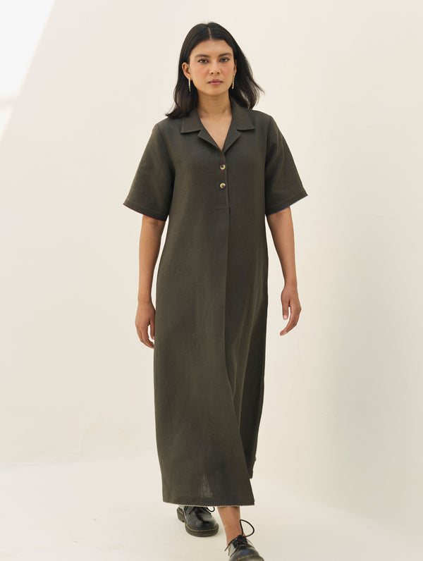 Aster Thick Linen Dress - Olive Charcoal