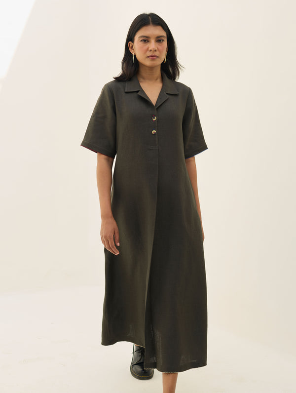 Aster Thick Linen Dress - Olive Charcoal