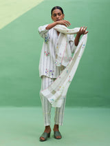 Maho Botanical Stripe Linen Kurta Set - Ivory