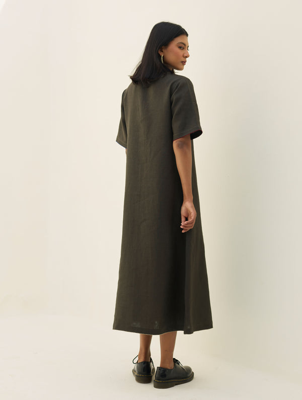 Aster Thick Linen Dress - Olive Charcoal
