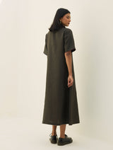 Aster Thick Linen Dress - Olive Charcoal